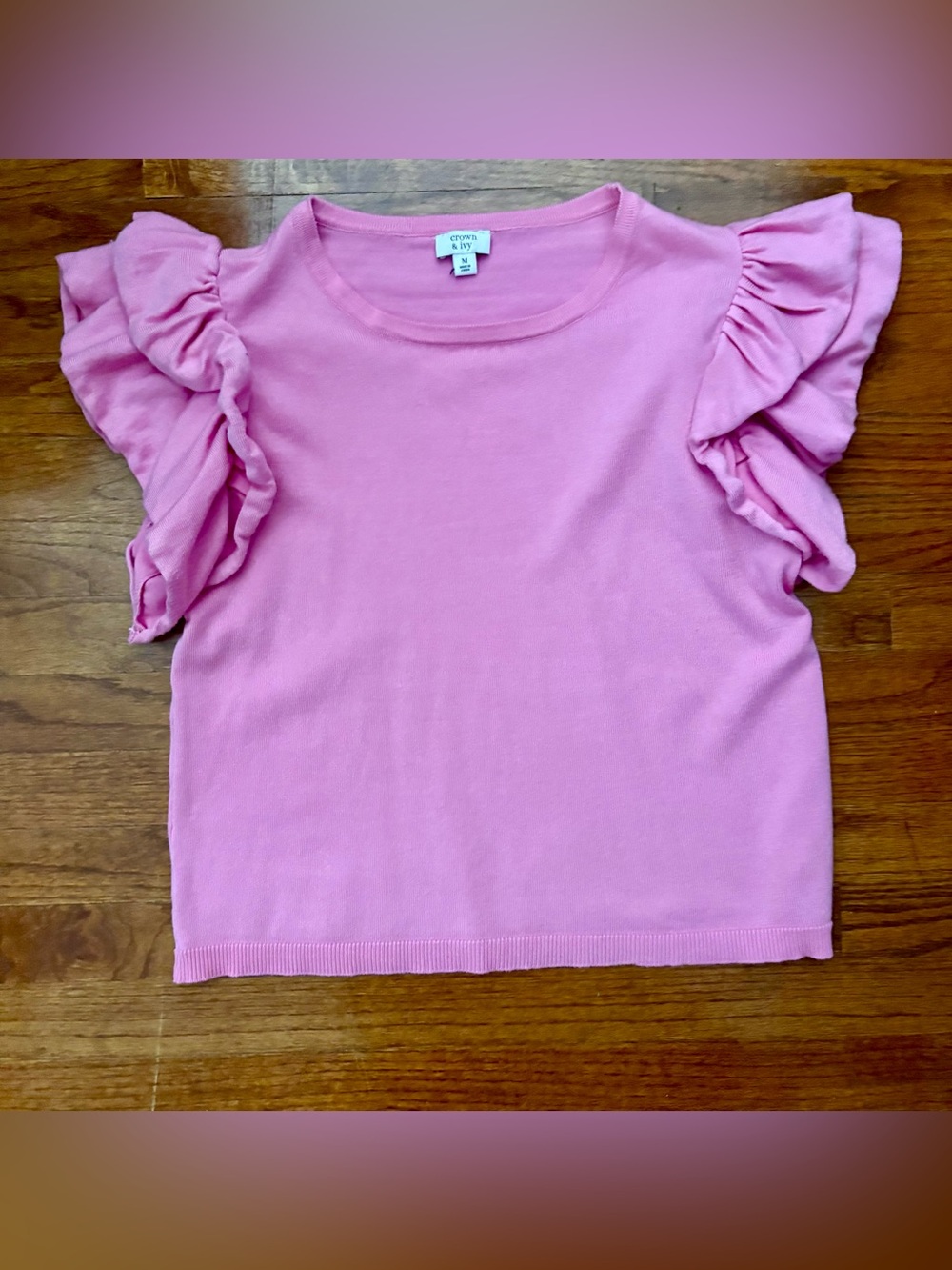 crown & ivy Bright Pink Ruffle Sleeve Knit Top